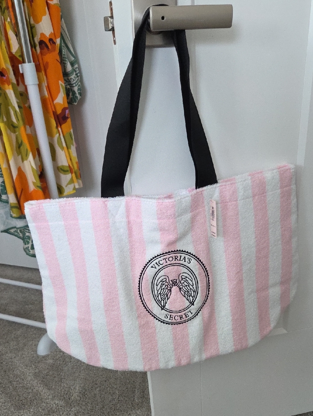 Victoria's Secret Pink and White Striped Tote with Black Handles